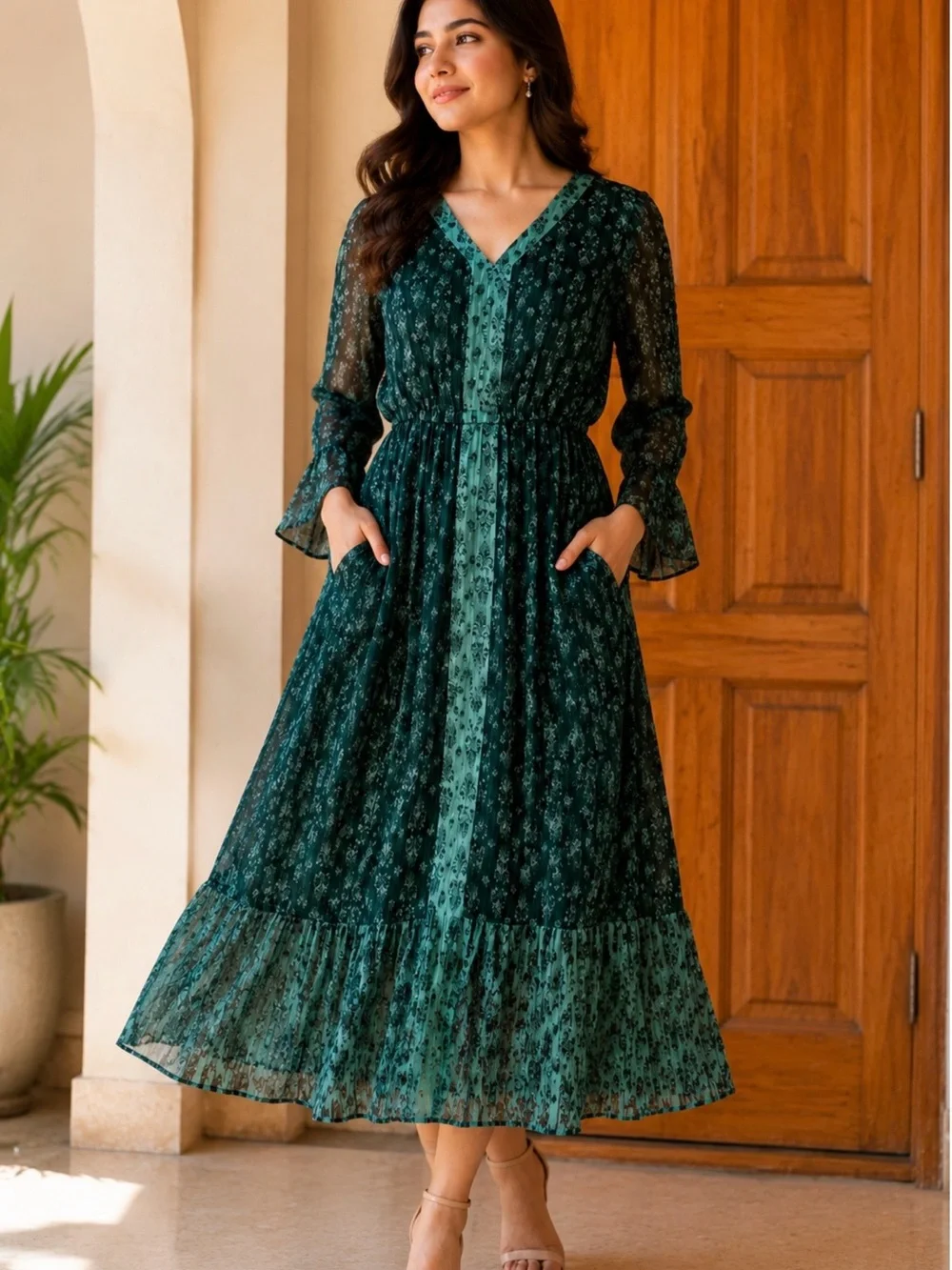 Style & Co. Dark Green Floral Midi Dress with V-Neck